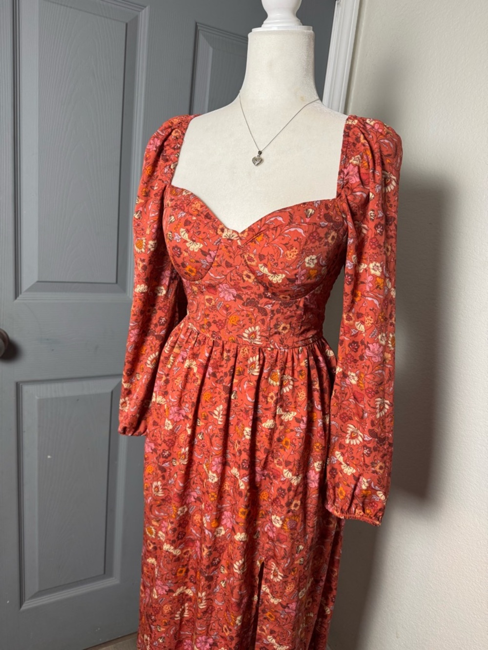 Boho Floral Smocked Back Midi Dress Sweetheart Neckline Puff Sleeve Rust